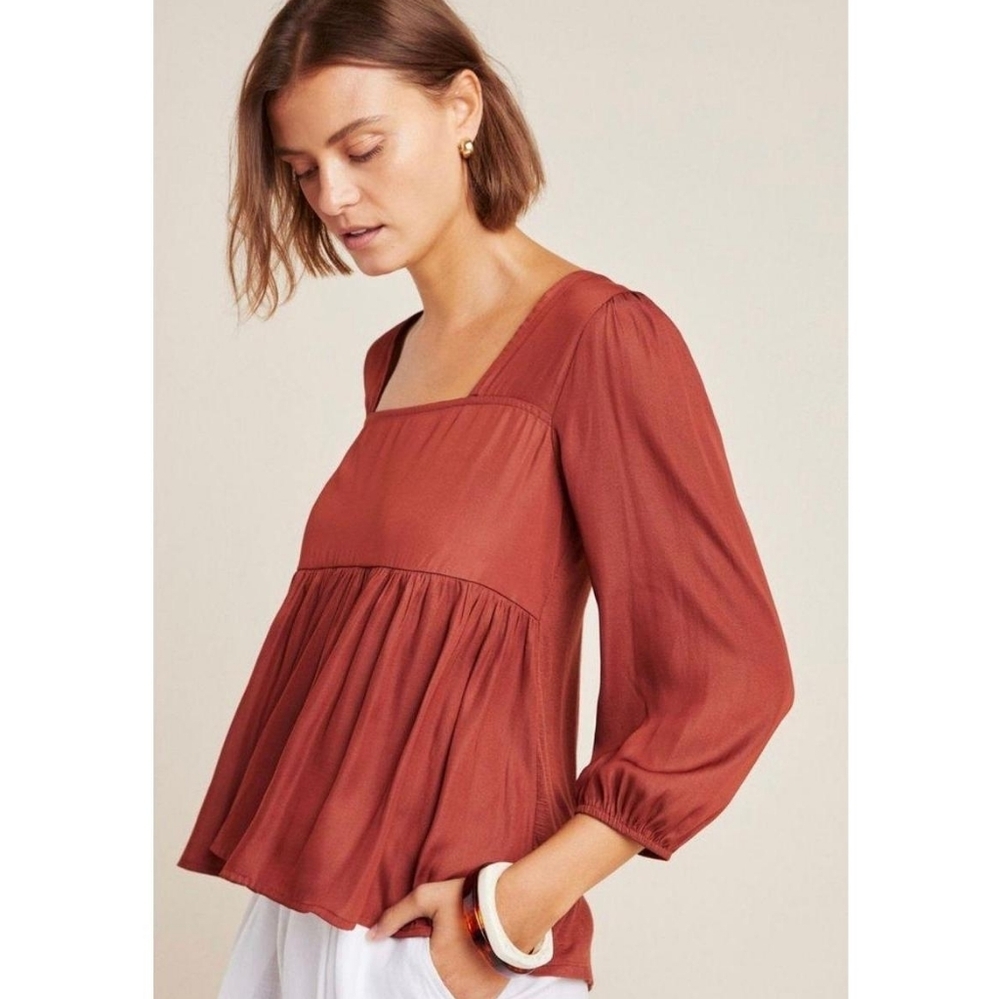 Dolan Anthropologie Brown Cherie Square Neck Babydoll Blouse Top - Size Large